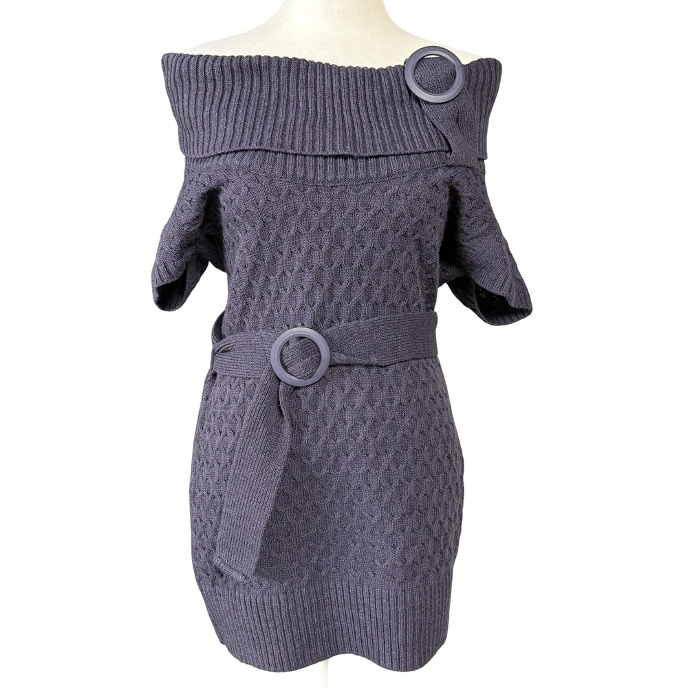 Mary Firenze Sweater Dress Womens M Purple Belted Cowl Neck Knit Italy Wool Blen